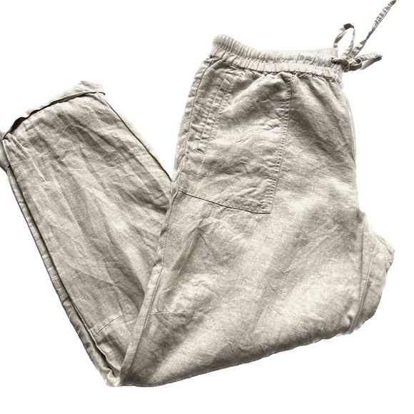 Lord & Taylor Tapered Pants Size L 100% Linen Cream Elastic Waistband Pockets - Picture 1 of 8